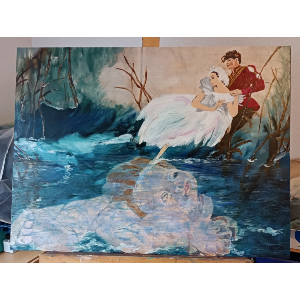 The most beautiful ballet story: Swanlake. Siegfried, a young prince with the soul of a poet, meets a white swan, Odette, by a lake at night, and promises to remain faithful to her —and with it his ideals. Back in his palace, Siegfried lets himself be seduced by the wizard's daughter Odile, who has disguised herself as a black swan. Too late, Siegfried realizes his mistake. After a moving reunion with Odette, he dies by drowning. Symbolized here by the remains of my beloved old floppy doll: Mina. 60 cm h x 80 cm b x 0,3 cm d, watermixable oils. (Part of a diptygh)
